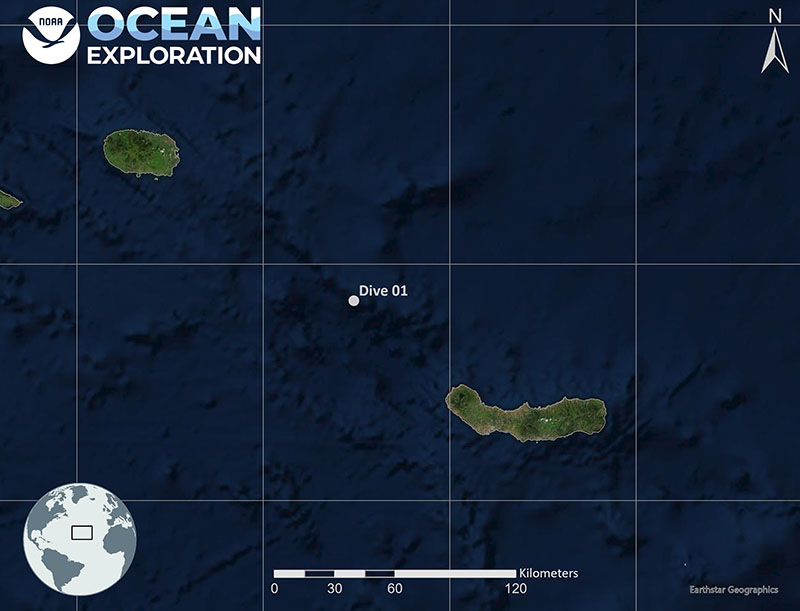 Map showing the location of Voyage to the Ridge 2022 Expedition 3 Dive 01: Deep João Valadão Ridge.