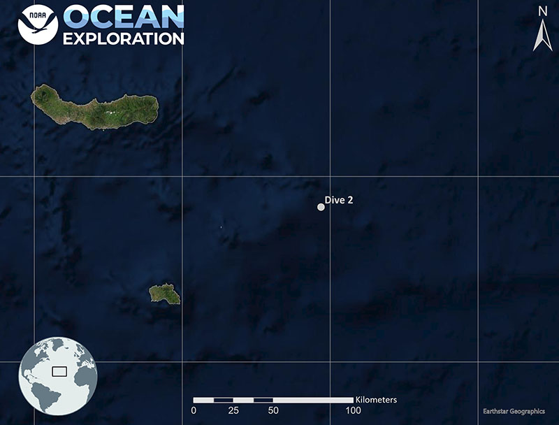 Map showing the location of Voyage to the Ridge 2022 Expedition 3, Dive 02: East of Formigas Rift.