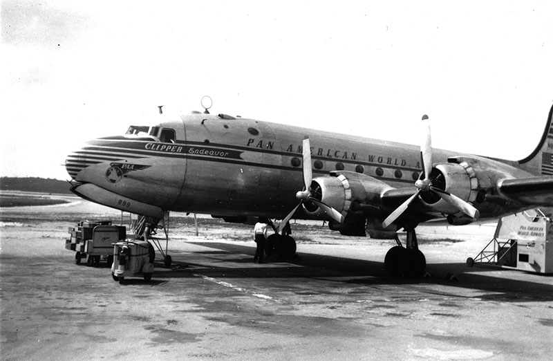 A photo of Clipper Endeavor, a Pan Am aircraft that crashed in 1952 en route from San Juan to New York, claiming the lives of 52 individuals. The objective of Dive 05 of the third Voyage to the Ridge expedition was to search for the aircraft.