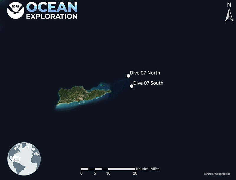 Map showing the locations of two proposed dive sites for Voyage to the Ridge 2022 Expedition 3. Ultimately, the northern site was pursued.