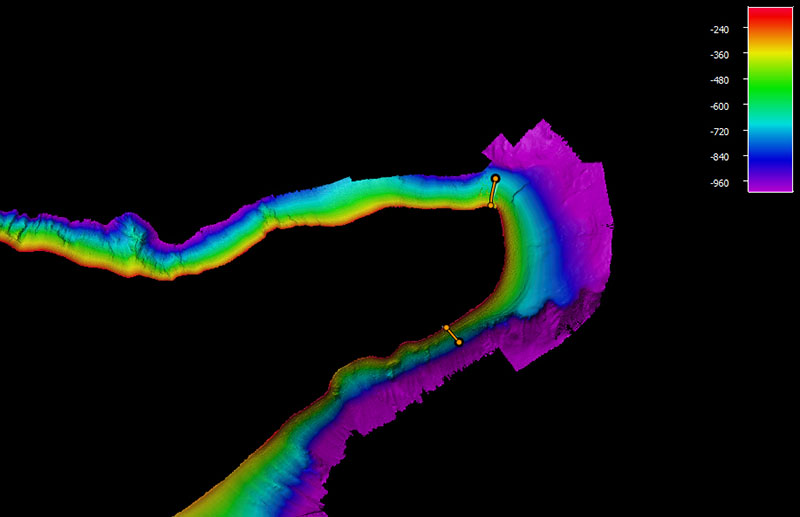 Alternative planned dive tracks (northern and southern options, shown as orange lines) for Voyage to the Ridge 2022 Expedition 3 Dive 07: Lang Bank. The northern track was the route ultimately pursued. Bathymetry shown at one-time exaggeration. Scale is water depth in meters.