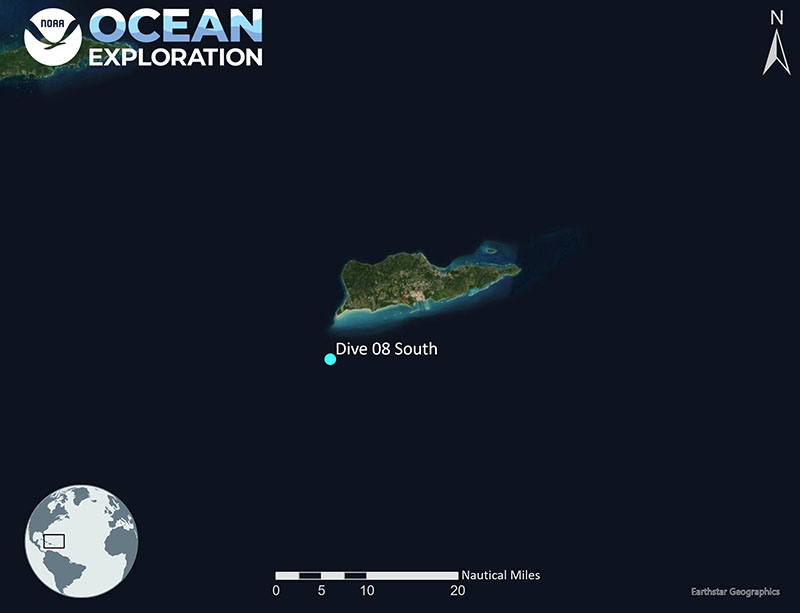 Map showing the location of Voyage to the Ridge 2022 Expedition 3, Dive 08, which took place southwest of St. Croix.