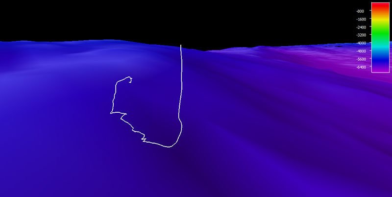 The dive track (white line) taken by ROVs Deep Discoverer and Seirios during Voyage to the Ridge 2022 Expedition 3, Dive 09: Main Ridge. Bathymetry shown at one-time vertical exaggeration. Scale is water depth in meters.
