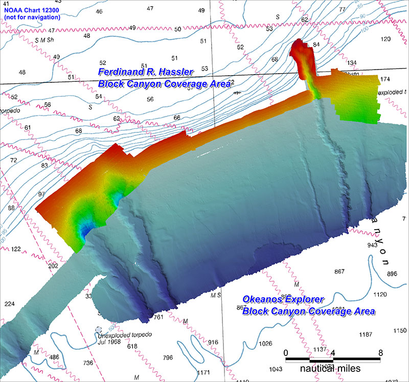 Hassler’s mapping coverage in the Block Canyon area, overlaid on mapping data from Okeanos Explorer.