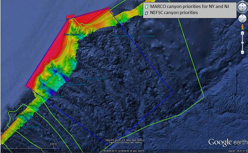 Image includes area surveyed by NOAA Ship Okeanos Explorer during an October 2011 expedition. You can differentiate data collected during the different expeditions.