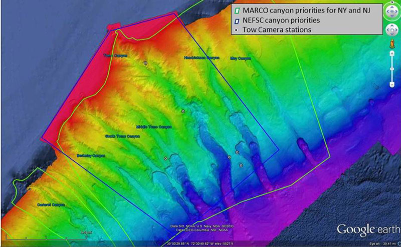 Image includes locations of towed camera operations conducted during a NOAA Ship Henry B. Bigelow ACUMEN expedition in July 2012.