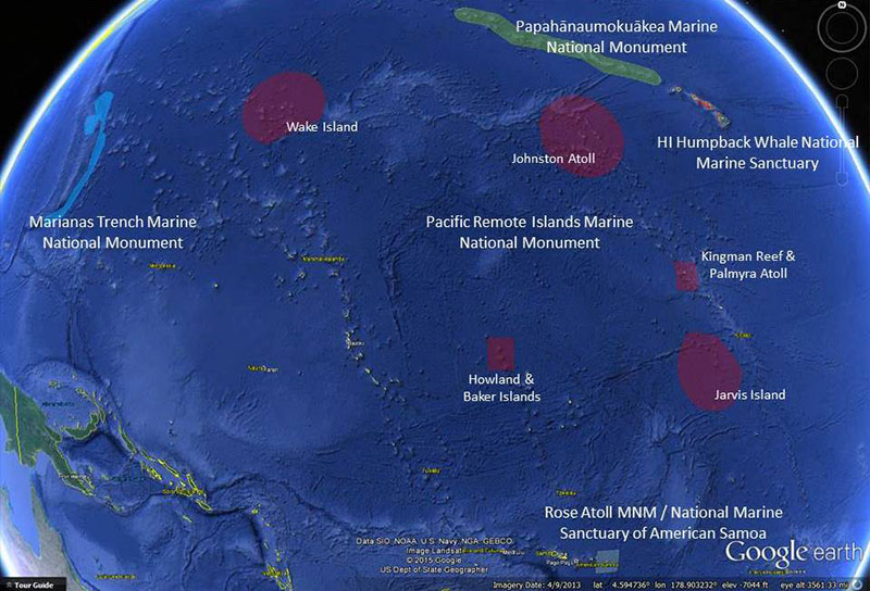 Google Earth image of the U.S. marine national monuments and national marine sanctuaries in the central and western Pacific. These are the primary geographic areas of CAPSTONE operations between 2015 and 2017.