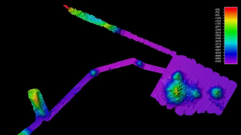 Image showing multibeam bathymetry collected offshore Hawaii’s Big Island during the NOAA Ship Okeanos Explorer’s 2009 field season. The long skinny lines represent “sticks” in Okeanos’ exploration model, whereas the larger areas represent “boxes.” Image created using Fledermaus version 7 using cruise EX0909 data.