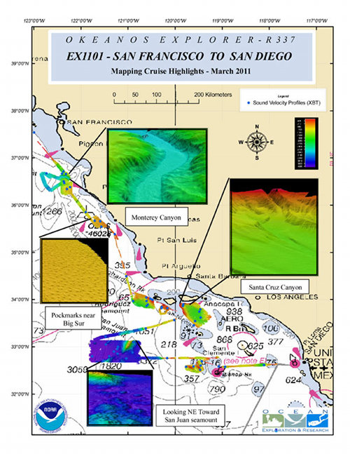 Figure 2: Cruise Highlights Map Sheet created in ArcMap by mapping watchstander Ash Harris, showing multibeam coverage and XBT locations collected during the cruise.