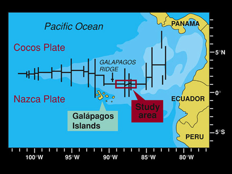 Plate tectonic boundary map of Galápagos region. Galápagos islands are to the south of the spreading ridge.