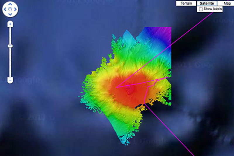 Okeanos Explorer digital atlas frame grab showing the ship’s track over the seamount. The science team sought to cling to the edges, where they anticipated coral concentration to be highest.