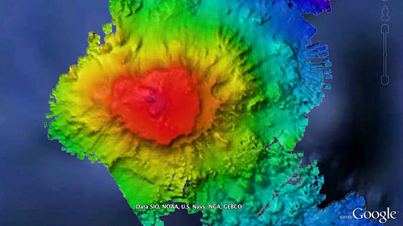 EM302 multibeam sonar data overlaid in Google Earth, showing the seamount in the Paramount chain where the dive was conducted.