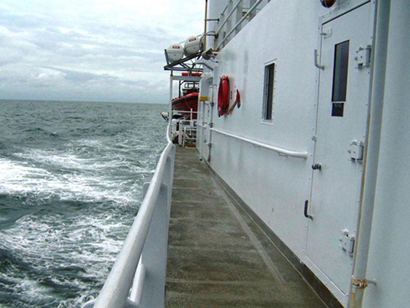 Exterior shot of the NOAA Ship Okeanos Explorer while in transit.