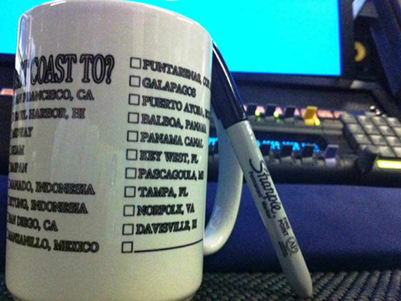 This mug from the Ship Store perhaps best describes the many unknowns just a few months ago. It includes a list of the 19 ports the ship considered using at some point this year.