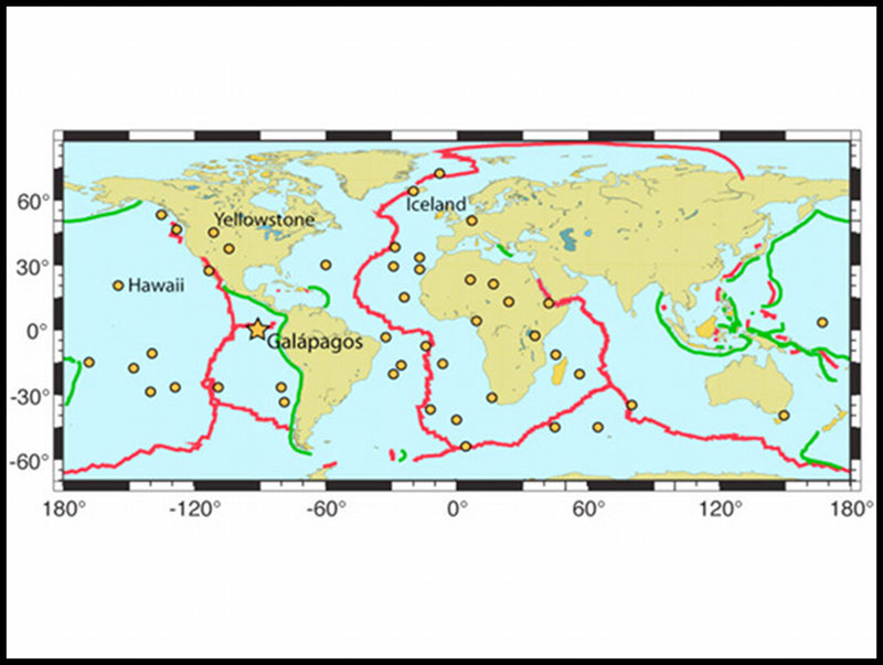 Locations of mantle “hotspots” (orange dots) around the globe. The Galápagos hotspot is marked by the large star.