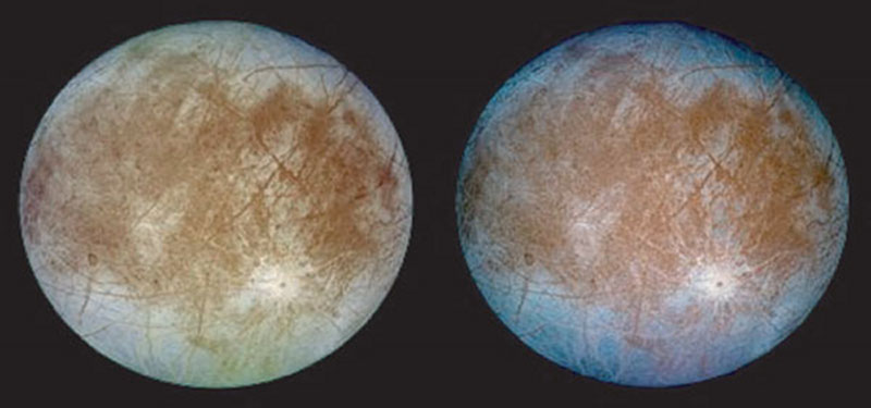 This image shows two views of the trailing hemisphere of Jupiter's ice-covered satellite, Europa.