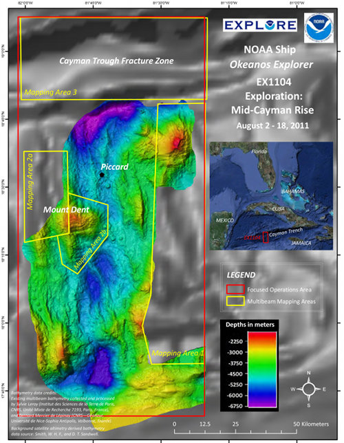 Map showing the operating area for the 2011 Mid-Cayman Rise Exploration. This expedition will focus on the shallow outer “walls” of the ridge – using seafloor mapping, water column investigations for tell-tale chemical signals of nearby venting, and detailed ROV observations.