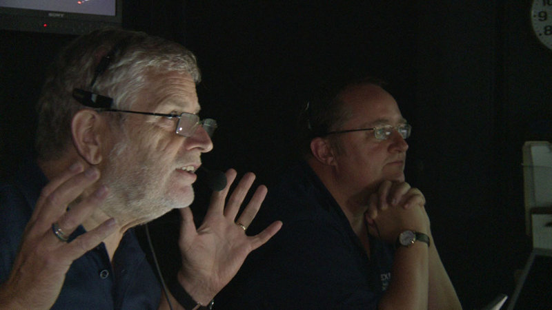 Professor Paul Tyler, excited about the discovery of a habitat with dense biota, corals and very diffuse fluid flow during what was supposed to be the last 5 minutes of today's ROV dive.