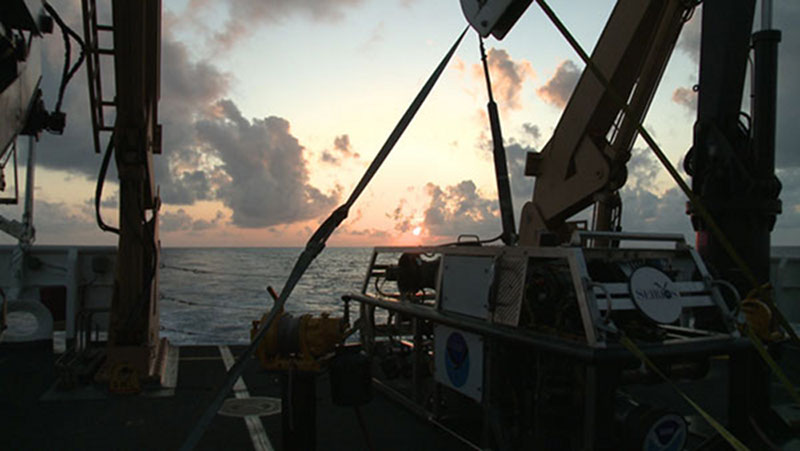 NOAA's Seirios camera platform is secured on the aft deck of NOAA Ship Okeanos Explorer following the last ROV dive of the expedition.