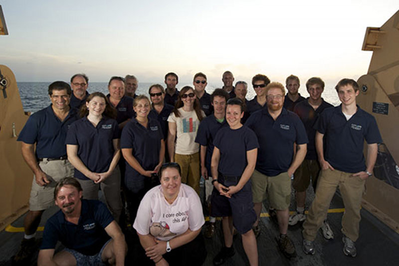 It is impossible to get a photo with the entire Mid-Cayman Rise Expedition team, but this image by Carl VerPlanck captures many of the shipboard personnel.