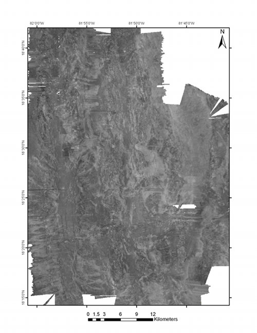 Backscatter 50m grid of the same area around Mount Dent collected by the EM302.