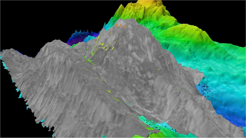 Figure 3: Oblique view of the backscatter draped mosaic of the data featured in Figure 2 which brings together both the snippet and depth information into one nice image. The backscatter mosaic is draped on top multibeam data and is shown over data provided for EX1104 of the working grounds by the science party.