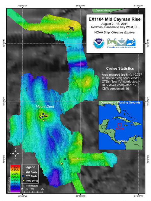 Overview map summarizing the work completed by NOAA Ship Okeanos Explorer and the expedition team during the Mid-Cayman Rise 2011 expedition. Nearly 10,800 square kilometers of the seafloor was mapped during the expedition using the ship’s deep-water multibeam sonar.