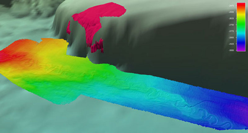 Fledermaus screenshot showing detail of multibeam coverage of the channel.