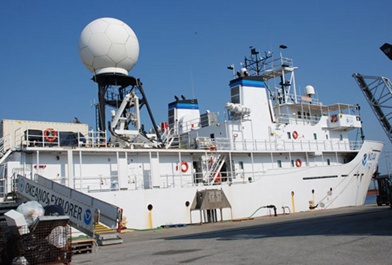 While docked in Pascagoula, Miss., the Okeanos Explorer crew ready the ship for the third and final leg of the Gulf of Mexico Expedition.