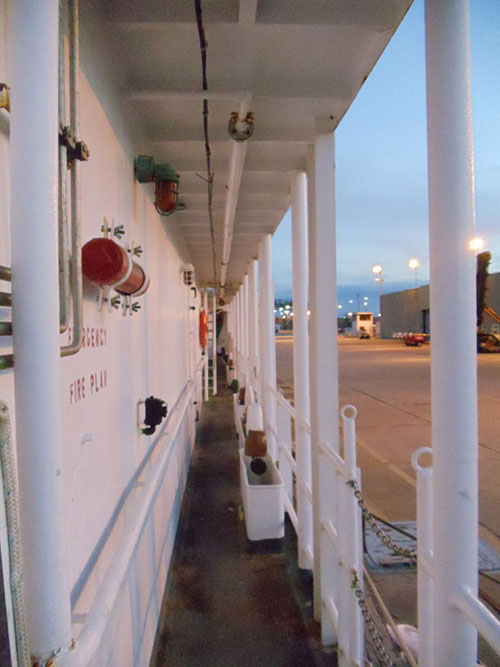 Okeanos Explorer starboard breezeway: Evening at dock in Tampa, Florida.