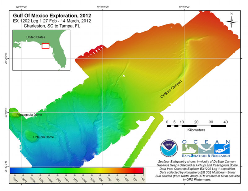 Bathymetic map of DeSoto Canyon generated at 50 meter grid cell size resolution based on preliminary data.