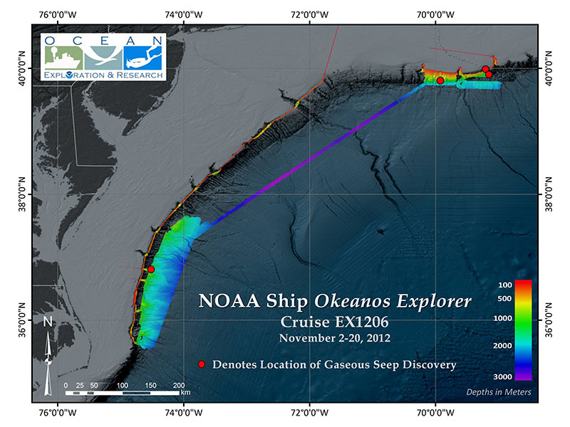 Map showing bathymetric data collected on the Okeanos Explorer cruise EX1206, from November 2 - 20, 2012. The locations of seafloor gaseous seep discoveries are indicated with a red circle.