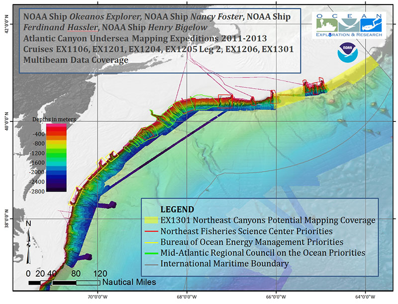 Map showing multibeam coverage of areas mapped during the 2011-2012 Atlantic Canyon Undersea Mapping Expeditions and the area that will be mapped during EX-13-01 (shown in yellow).