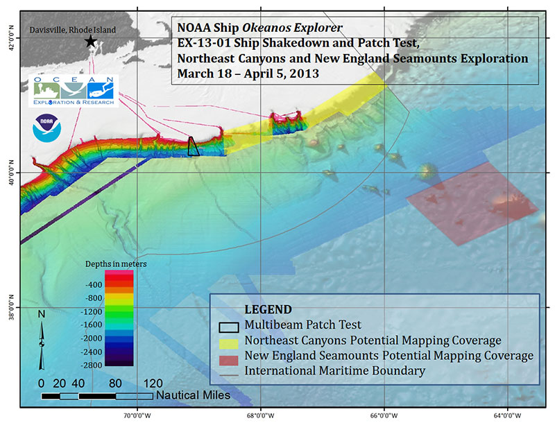 Map showing the boundary for the 2013 ship shakedown and patch test along with areas mapped during Northeast Canyons and New England seamount explorations.