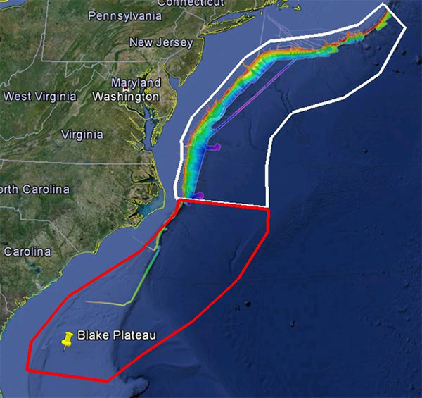 The primary operations area for this shakedown cruise is shown in white. The southern contingency area is shown in red. Both polygons lay completely within the U.S. Exclusive Economic Zone. Multibeam bathymetry shown was collected as part of the Atlantic Canyons Undersea Mapping Expeditions (ACUMEN) project.