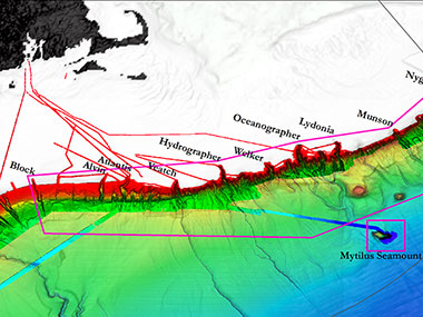 Map showing submarine canyon and seamount areas expected to be explored during the Okeanos Explorer Northeast U.S. Canyons Expedition 2013.