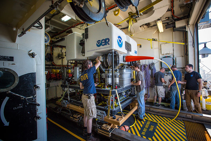 The Okeanos Explorer’s ROV team uses the weather day to fine tune the vehicles and perform any maintenance that is required.
