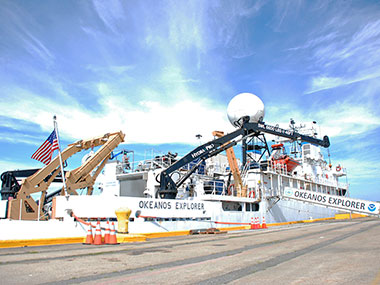 NOAA Ship Okeanos Explorer pierside at her homeport in North Kingstown, Rhode Island.