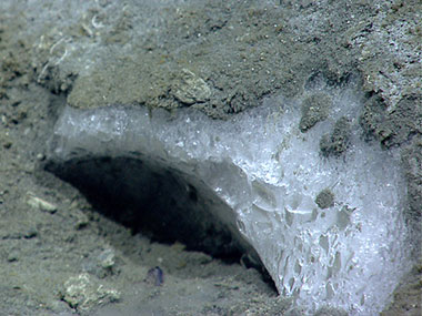Close-up of methane hydrate observed at a depth of 1,055 meters, near where bubble plumes were detected in previous sonar data.