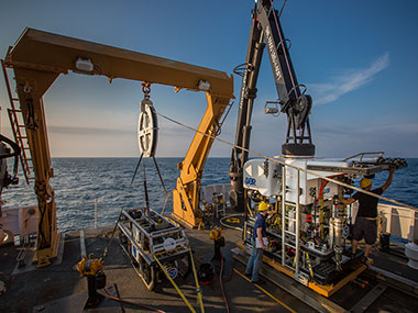 NOAA’s Office of Ocean Exploration and Research’s ROV team prepares the ROV Deep Discoverer for the first dive of the mission.