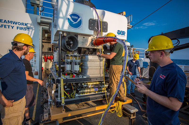 NOAA’s Office of Ocean Exploration and Research’s ROV team prepares the ROV Deep Discoverer for the first dive of the mission.