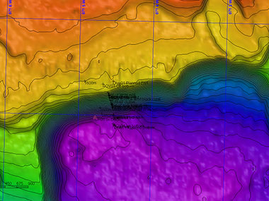 Multibeam map of the Dive 01 overlaid with the track of ROV Deep Discoverer (D2). Multibeam sonar helps scientists identify potential targets for exploration and helps ROV pilots navigate.