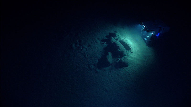 ROV Deep Discoverer (D2) as seen from the camera platform Seirios, investigating boulders at the base of the landslide scarp visited during Dive 01.