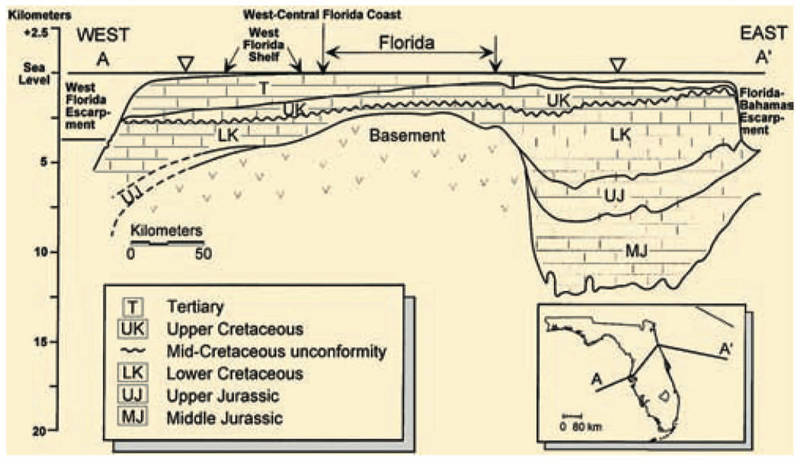 A schematic cross section of interpreted rift-related features forming the crustal foundation of western Florida’s southern province, a so-called non-volcanic margin. This cross section has been derived from recently collected deep-penetration seismic reflection profiles collected by industry. The position of the West Florida Escarpment is shown schematically at the upper right.