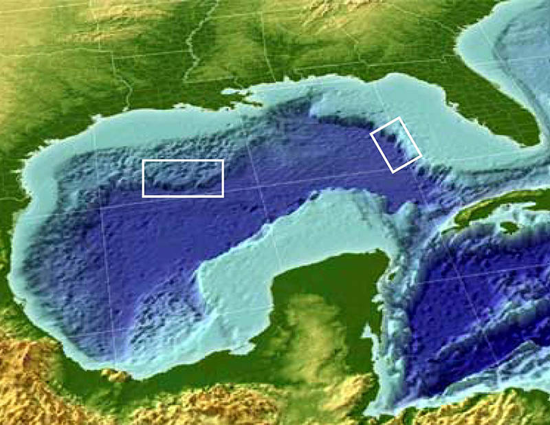 The two operating areas for Okeanos Explorer in April 2014. The western focus encompasses a huge area of subsurface salt movement and resultant deformation of the overlying sediments, creating complex seafloor topography. In this area, NOAA will use its ROV/camera and seafloor mapping systems to examine potential seeps, explore shipwrecks, and look at diverse biological habitats in different water depths, including several submarine canyons (Alaminos, Keathley and Bryant) and the adjacent Sigsbee Escarpment. To the east, a shorter series of ROV dives will examine deep-water coral habitats in an area known as the central Florida Escarpment.