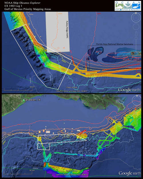 Maps showing Mapping Priority Area 1 (top) and Mapping Priority Area 2 (bottom) for Leg 1 of the expedition.