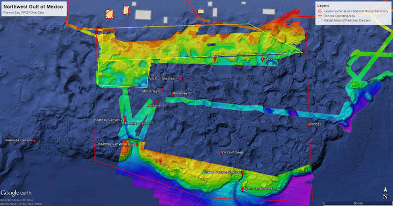 Map showing the area of the Northwest Gulf of Mexico for Leg 3 ROV operations. The red teardrops are the approximate locations of planned ROV dives during the expedition. The yellow boxes in the north of the operating area are where focused mapping operations were conducted during Leg 2. Bathymetry shown is from 2012 and 2014 Okeanos Explorer cruises, and the Extended Continental Shelf Initiative. The area was identified as high priority for mapping operations by multiple management groups.