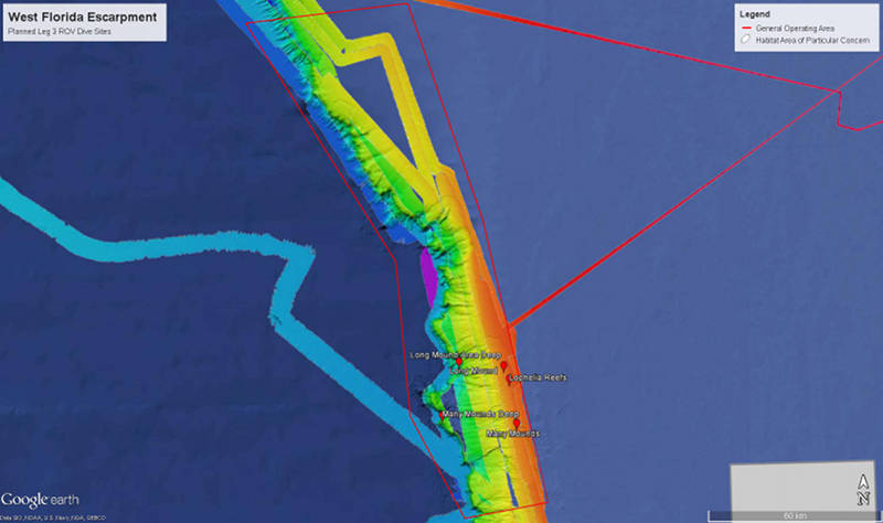 Map showing the area of the Central West Florida Escarpment where ROV operations will be conducted during Leg 3. The red teardrops are the approximate location of planned ROV dives. Bathymetry shown is from 2011-2012 Okeanos Explorer cruises. The area was identified as high priority for operations by multiple management groups.