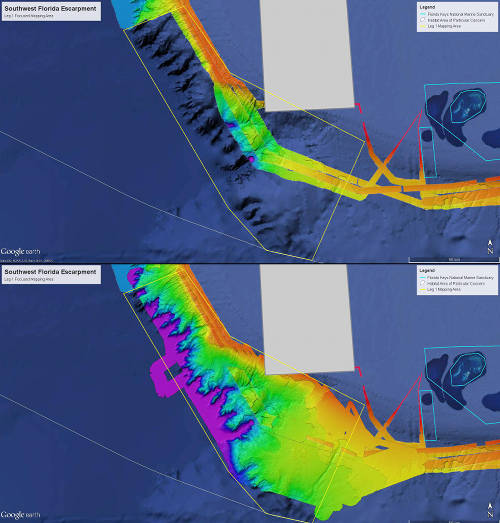 Before (top) and after (bottom) map showing the focused operating area for Leg 1 mapping operations on the southwestern part of the West Florida Escarpment. Bathymetry shown in the above map is from 2011-2012 operations; the “after” map shows bathymetry collected from February to March 2013. The area was identified as high priority for mapping operations by multiple management groups. The white line is the U.S. Exclusive Economic Zone.