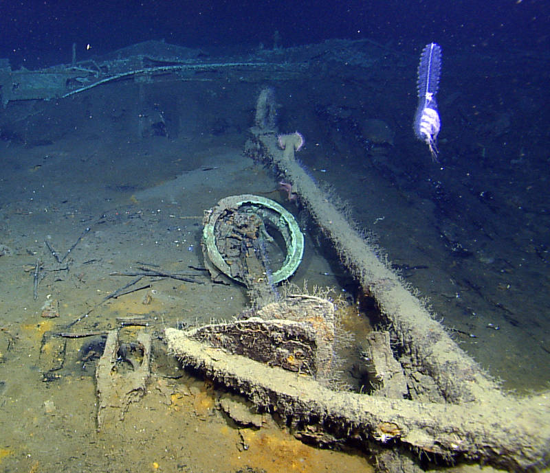 Lying next to an anchor are the remains of the capstan from the Monterrey C site in more than 4,300 feet of water. In the background are fragments of the hull’s copper sheathing. The wreck is one of three sites investigated by scientists from the Bureau of Ocean Energy Management, NOAA, the Bureau of Safety and Environmental Enforcement, the Texas Historical Commission, and the Meadows Center for Water and the Environment at Texas State University.